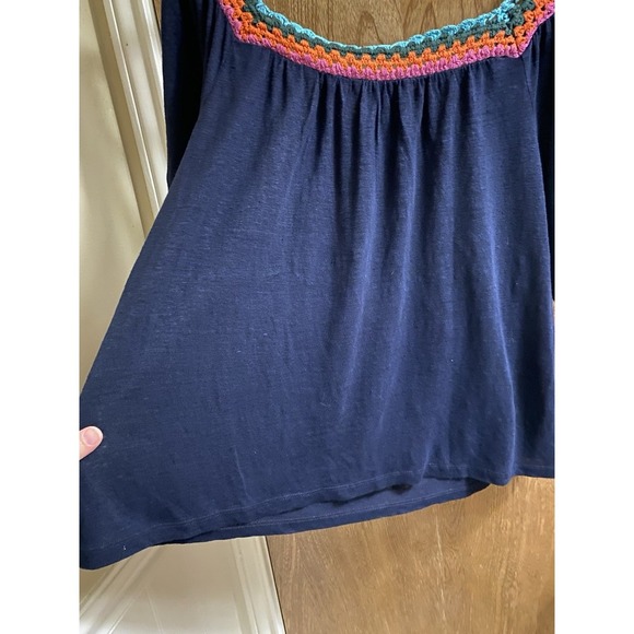 Boden Crochet Multicolor Square Neck Navy Linen Blouse Size 6 Flowy Puff Sleeve - Picture 13 of 14